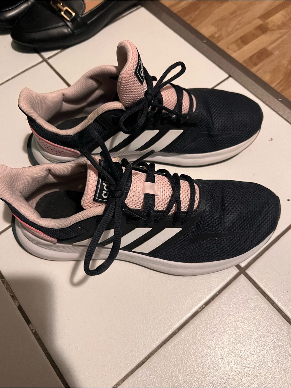 adidas Women’s Black and Pink Running Sneakers with White Stripes